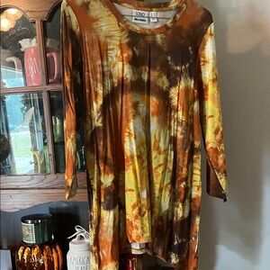 LOGO by Lori Goldstein Women's Tie-Dye Tunic - Brown and Yellow w pockets